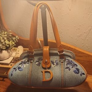 Authentic Dior Vintage Denim & Tan Leather Shoulder Bag with Embroidered Florals
